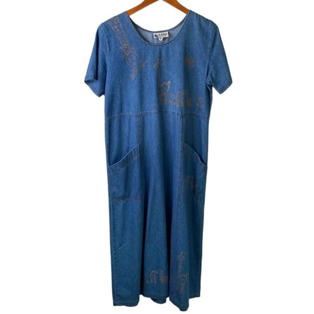 RAMA of USA Vintage Denim Chambray Short Sleeve Midi Dress Giraffe Drawing Retro